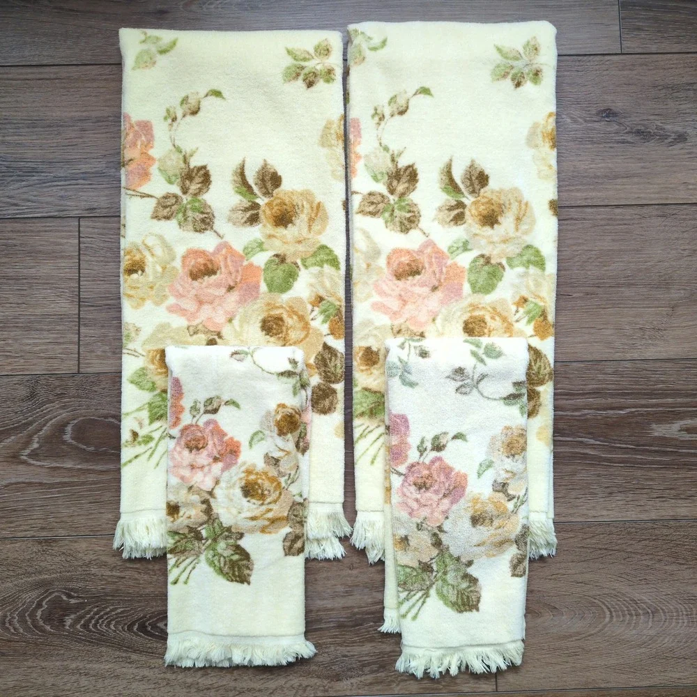 Vintage Cannon Royal Family 4pc Towel Set‎ Yellow Floral Rose Fringed Bath Hand
